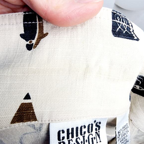 Chico's Design Vintage Tan Egyptian Hieroglyph  Fishing Print Jacket Size M - Picture 10 of 14